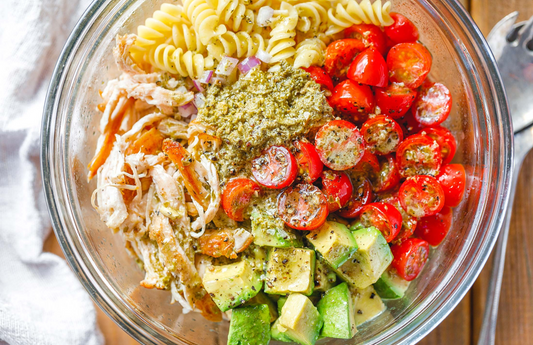 Healthy Chicken Pasta Salad with Pesto, Avocado, and Tomato